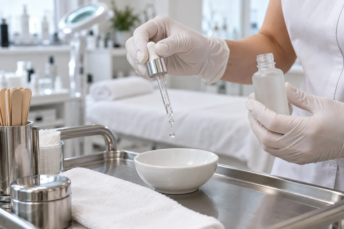 Mains gantées d&rsquo;une esthéticienne préparant un sérum en cabine