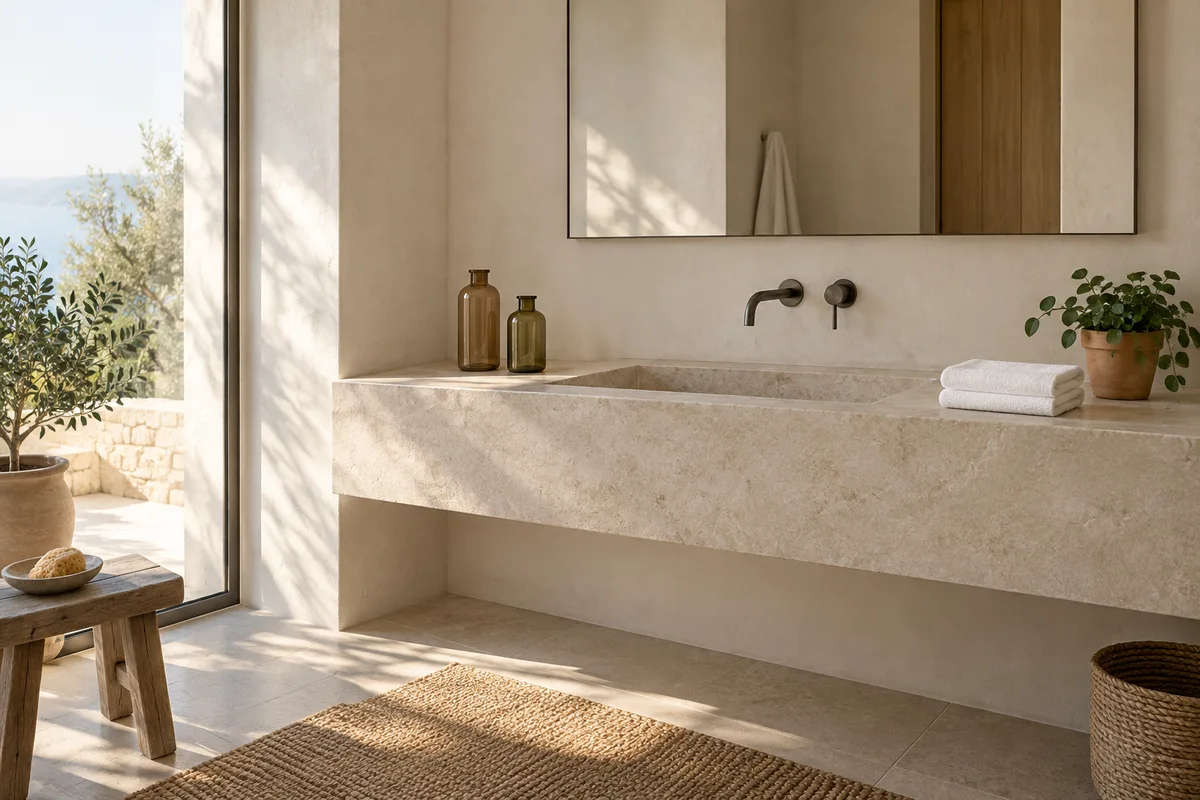 Salle de bain épurée avec lavabo en pierre claire, flacons en verre unis et serviette pliée au matin