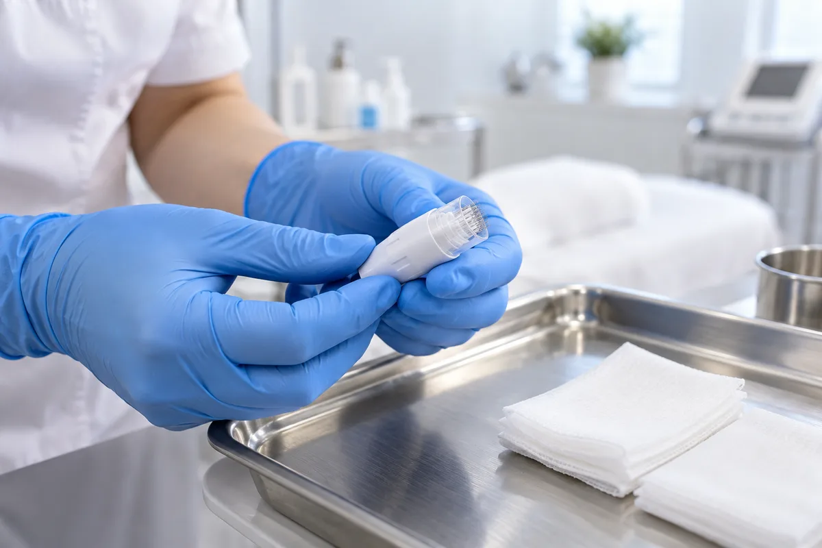 Mains gantées tenant un embout de microneedling au-dessus d&rsquo;un plateau en inox