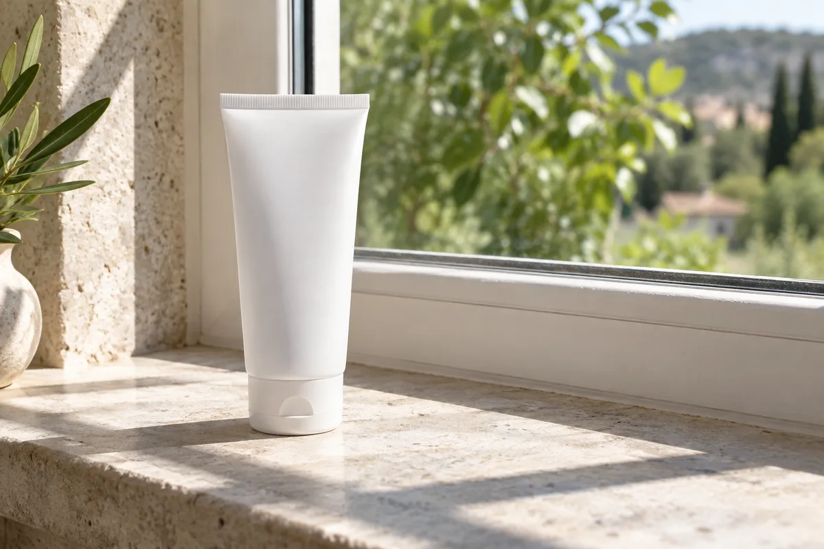 Tube de crème solaire posé sur un rebord de fenêtre ensoleillé
