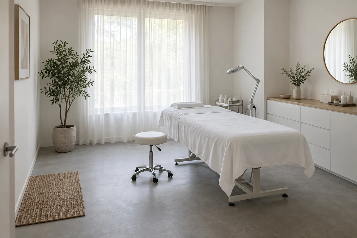 Cabine d’esthétique épurée avec table de soin, lampe articulée éteinte et plante verte