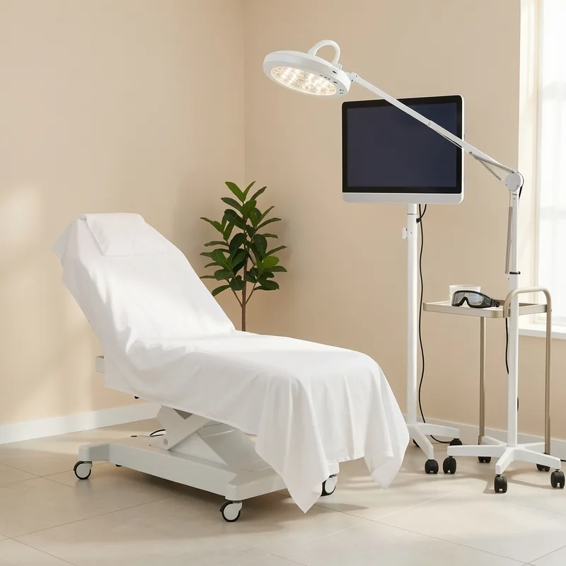 Salle de soin esthétique lumineuse avec un appareil professionnel sur pied et un fauteuil de traitement inoccupé