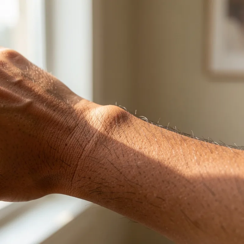 Gros plan sur un avant-bras à la peau mate observé de près sous une lumière naturelle douce