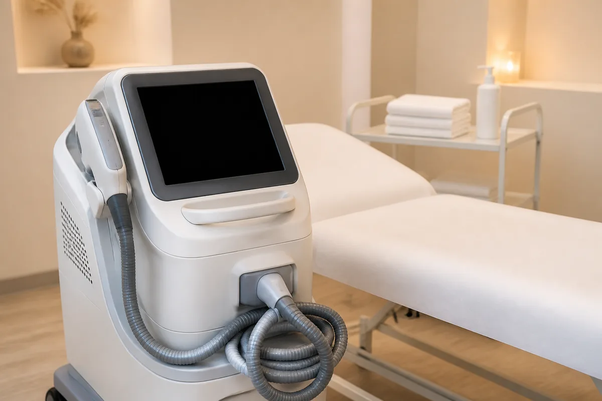 Salle de soin esthétique avec un appareil laser d’épilation posé près d’une table de traitement