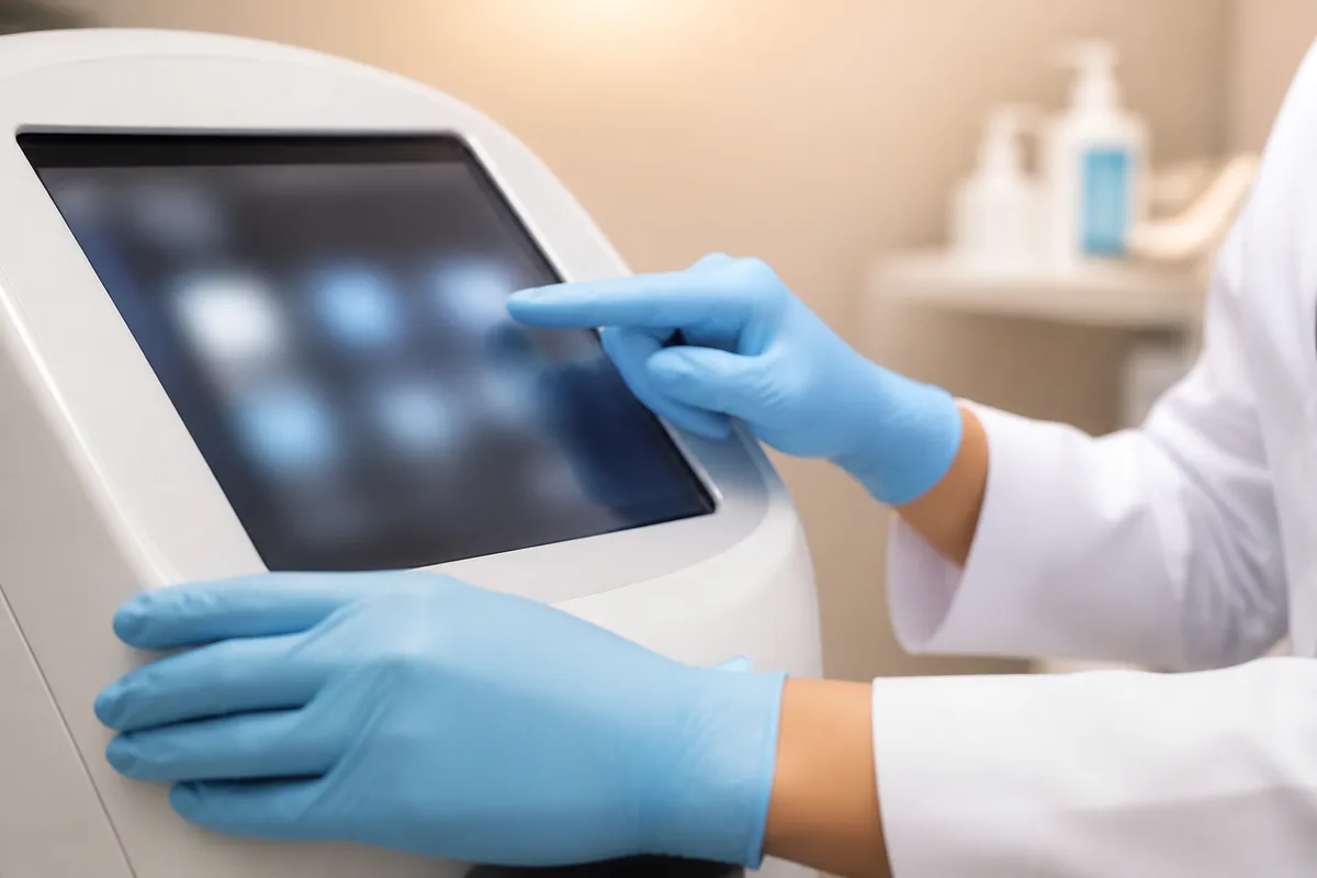 Praticienne réglant les paramètres d’un appareil laser sur un écran tactile, mains gantées