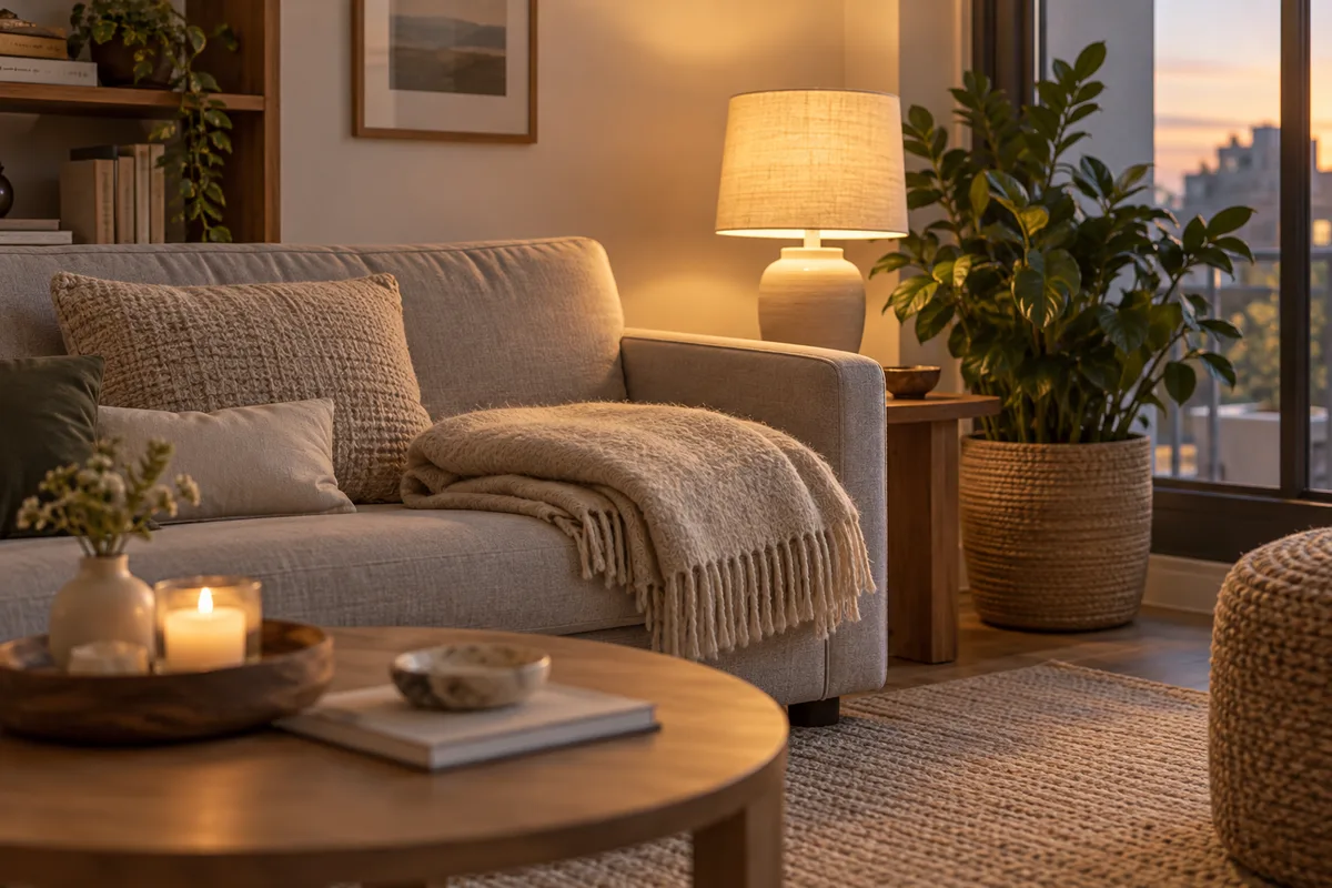 Lampe d’appoint à lumière chaude et plaid sur un canapé dans une pièce préparée pour un soin